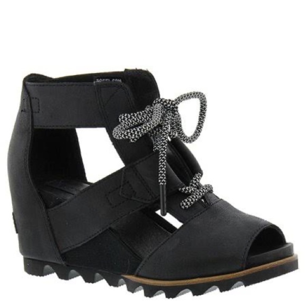 Sorel JOANIE™ Lace-Up Wedge Peeptoe Sandal In Black/Sea Size 9.5